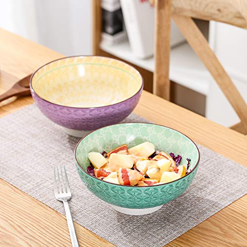 vancasso Tulip Juego de Cuencos 2 piezas Porcelana Tazón Grande 1200ML Mandala, Cuenco para Sopa, Frutas, Ensalada, Ramen Bowl Porcelana Patrón de Grabado Externo, Verde, Morado