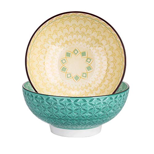 vancasso Tulip Juego de Cuencos 2 piezas Porcelana Tazón Grande 1200ML Mandala, Cuenco para Sopa, Frutas, Ensalada, Ramen Bowl Porcelana Patrón de Grabado Externo, Verde, Morado