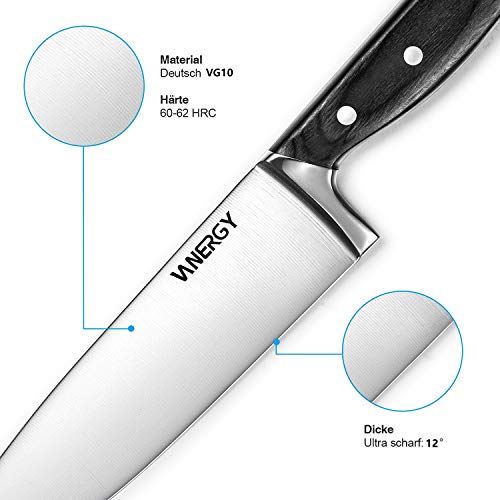 VANERGY - Cuchillo de chef profesional de 20 cm, cuchillo de cocina de acero inoxidable VG10 alemán, cuchillo de carne con hoja afilada y mango ergonómico