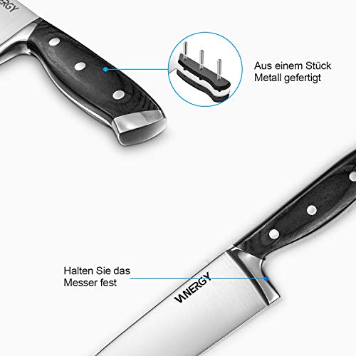 VANERGY - Cuchillo de chef profesional de 20 cm, cuchillo de cocina de acero inoxidable VG10 alemán, cuchillo de carne con hoja afilada y mango ergonómico