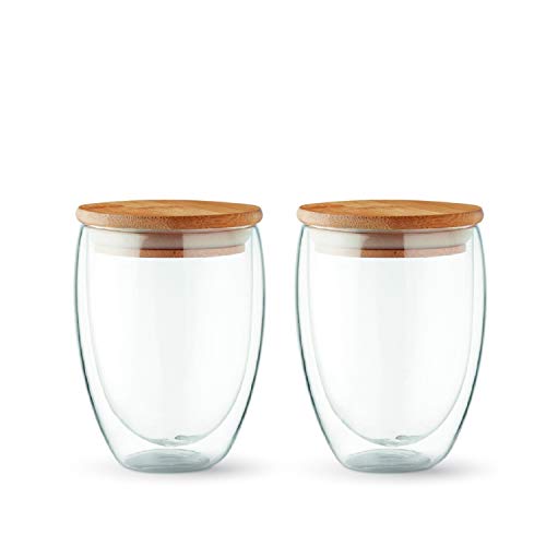 VANGALOO Vasos de Doble Pared con Tapa, Vidrio de borosilicato Noble y Robusto, café con Leche de Doble Pared, Juego Macchiato de Vidrio Termo, Vasos de café Termo (350 ml / 450 ml) (350 ml)