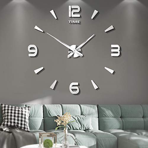 VANGOLD DIY Reloj de Pared sin Marco Espejo Grande 3D Sticker-2 años de garantía (Plata-73)