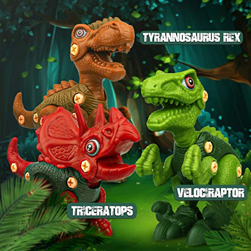 Vanplay Dinosaurios Juguetes con Taladro Eléctrico, Juego Construccion Puzzle Dinosaurios Incluyen Tiranosaurio Rex, Velociraptor y Triceratops para Niños y Niñas 3 Años