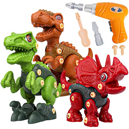 Vanplay Dinosaurios Juguetes con Taladro Eléctrico, Juego Construccion Puzzle Dinosaurios Incluyen Tiranosaurio Rex, Velociraptor y Triceratops para Niños y Niñas 3 Años