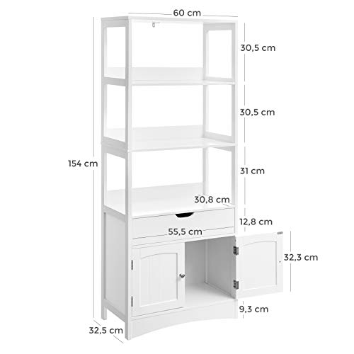 VASAGLE Armario de Baño, Armario Alto, Estantería Libre, con 3 Estantes Abiertos, 1 Cajón y 1 Armario, 60 x 32,5 x 154 cm, para Entrada, Cocina, Sala de Estudio, Blanco BBC67WT