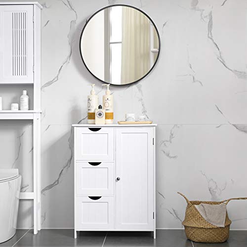 VASAGLE Armario de Baño, Armario de Piso con 3 Cajones Grandes y 1 Estante Ajustable, 60 x 30 x 81 cm, Blanco BBC49WT