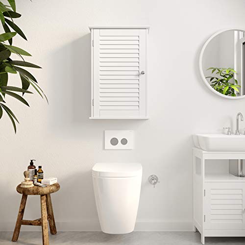 VASAGLE Armario de Pared, Armario Colgante de Baño, Armario para Medicamentos con Estante Ajustable y Puerta con Persiana, 40 x 16 x 60 cm, Madera, Blanco BBC24WT