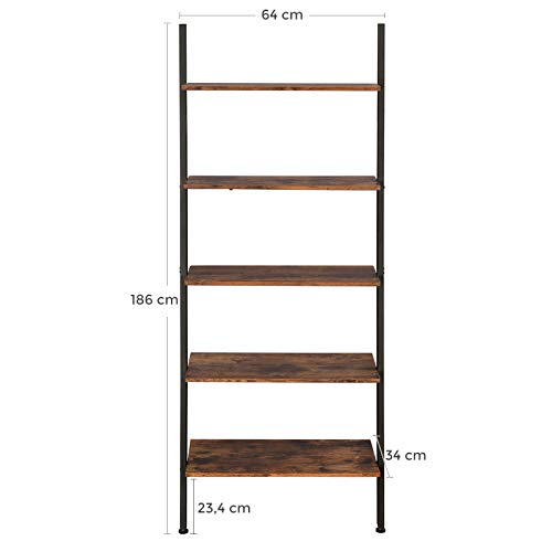 VASAGLE Estantería de Diseño Industrial de 5 Niveles, Librería de Pared, para Salón, Cocina, Oficina, Hierro, Estable, Inclinado, Apoyado contra la Pared, Marrón Rústico LLS46BX