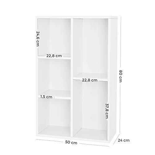 VASAGLE Estantería para Libros con 5 Compartimientos, Estantería de Archivo, Estante de Pared, Estantería de pie, 50 x 24 x 80 cm (Largo x Ancho x Alto), Color Blanco LBC25WT