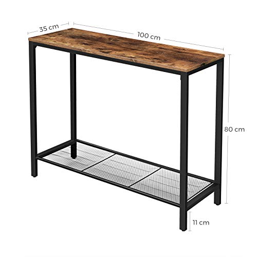 VASAGLE Mesa de Consola de Estilo Industrial, Mesa de Entrada con Estante de Malla Metálica, 100 x 35 x 80 cm, para Vestíbulo, Salón, Marrón Rústico y Negro LNT86X