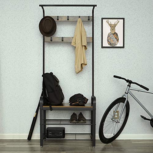 VASAGLE Perchero, Árbol del Vestíbulo, Perchero con Banco, Zapatero con Ganchos Desmontables, Altura 183 cm, Acero, Industrial, Marrón Rústico y Negro HSR40B