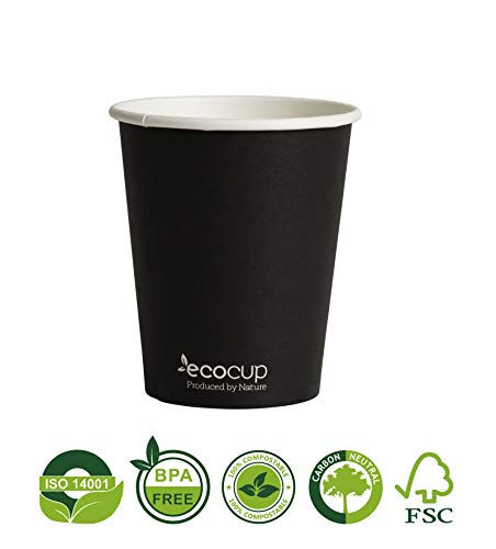 Vasos de Café Desechables, Biodegradables y Compostables- 50Uds 285ml/ 8oz -Materiales 100% Ecológicos: Cartón con Certificado FSC®, Revestimiento de Bioplástico PLA Ingeo™. Negro