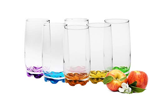 Vasos de cristal de 250 ml, juego de 6 piezas con base de colores, vasos de agua, vasos de zumo, vasos de whisky, Juego de 6 unidades.