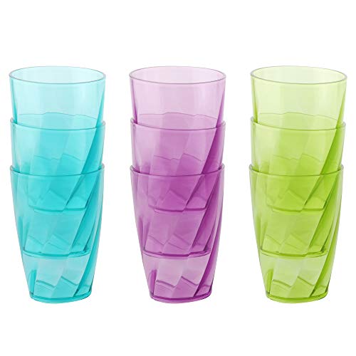 Vasos de Plástico coloreado (Set de 9) - 450 ml Reutilizables Copas de Agua - Vasos de Plástico para Fiestas, Bodas, Camping y Picnic - Estilo Cristal Tazas Set - Apto para Lavavajillas