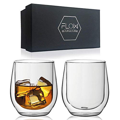 Vasos de whisky de doble pared, vasos de vidrio aislados para bebidas frías o calientes, café, ginebra, ron, whisky, set de regalo