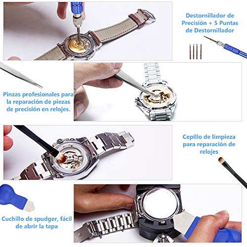 Vastar 177pcs Kit de Reparación de Relojes - Herramientas de Reparación Profesionales para Reloj, Más Completas y Profesionales, con Abridor de Repara Pulsera de Reloj 52mm, Instrucción etc.