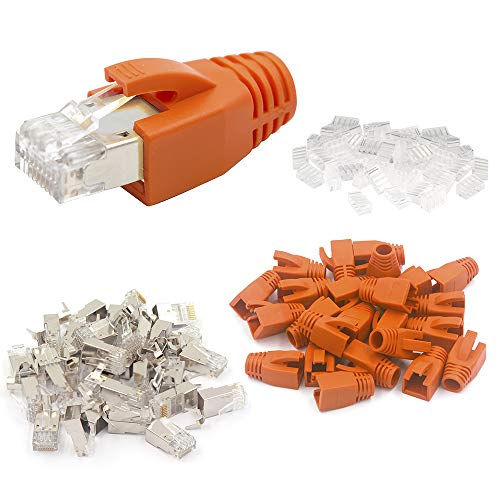 VCE 50 Unidades Conector RJ45 Cat7 Cat6a para Cable de Red Cat7 Cat6a Blindado con Guia y Funda Naranja Chapado en Oro