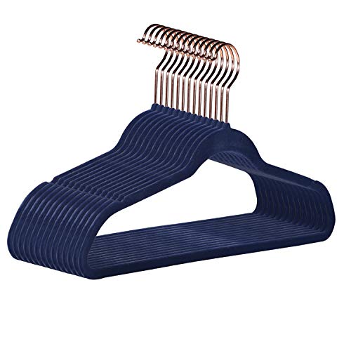 VECELO Percha Terciopelo con 6 Pinzas para los Dedos y Corbata para Camisa, Vestido, Traje, Chaqueta, Portador Antideslizante 50 Piezas, Azul