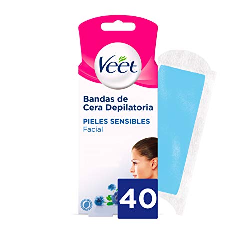 Veet Bandas de Cera Fria Depilatoria para Depilación Facial con Aceite de Almendras y Aroma de Aciano, Easy Gelwax, Pieles Sensibles, 40 Bandas