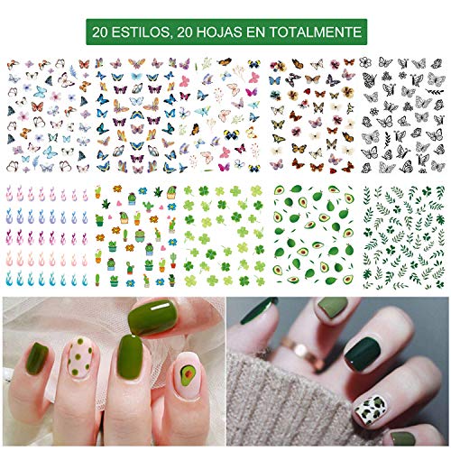 VEGCOO 20 Hojas Nail Art Stickers Uñas Decoración Pegatinas de Arte, Frutas Flores Hojas Mariposas Flamencos 3D Uñas Art Pegatinas Autoadhesiva Decorativas