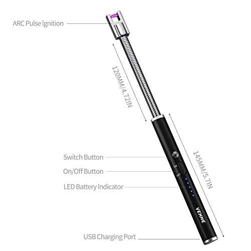 VEHHE Encendedor Electrico, Encendedor Cocina Arco Eléctricos, con USB Chargable y Pantalla LED de batería Cuello Flexible Extendido Encendedor para Velas, Estufas de Gas, Camping Barbacoa