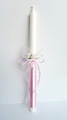 Vela bautizo niña de cera blanca, vela primera comunion,decorada con lazo color rosa y flor .medida altura 35 cm.