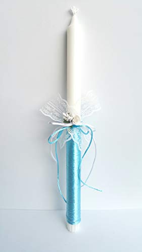 Vela bautizo niño de cera blanca, vela primera comunion,decorada con lazo color azul y flor 35 cm.