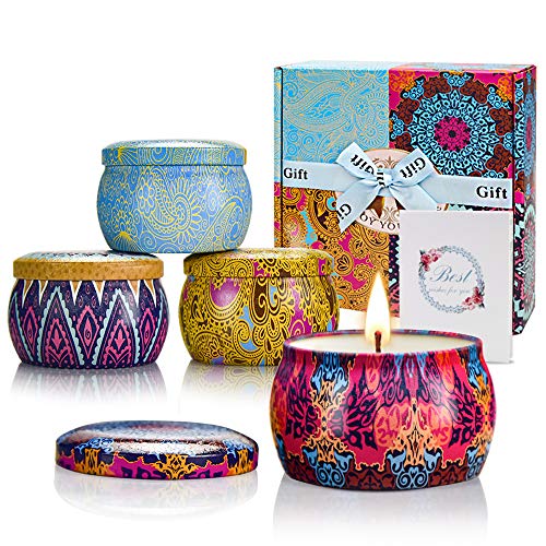 Velas Aromaticas Cera de Soja, Velas Perfumadas Regalos para Mujer, 4*4.4oz 25-30 Horas, Cumpleaños, Aniversario, Aromaterapia,Día de Acción de Gracias, Lavanda, Limón, Higo, Primaveral