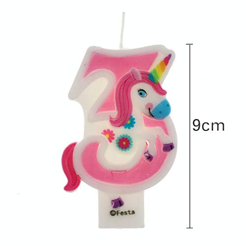 Velas de Cumpleaños Diseño Unicornio de 9cm, Adecuadas para fiesta de Cumpleaños para Niños Niñas Color Rosa blanca Numero 3