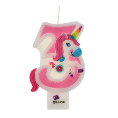 Velas de Cumpleaños Diseño Unicornio de 9cm, Adecuadas para fiesta de Cumpleaños para Niños Niñas Color Rosa blanca Numero 3