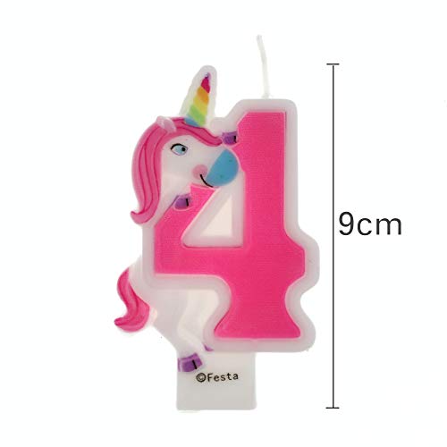 Velas de Cumpleaños Diseño Unicornio de 9cm, Adecuadas para fiesta de Cumpleaños para Niños Niñas Color Rosa blanca Numero 4