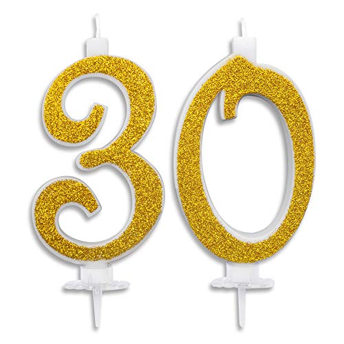 Velas maxi de 30 años para tarta de cumpleaños de 30 años, decoración de velas de cumpleaños, tarta de 30 cumpleaños, fiesta temática, altura 13 cm, purpurina azul o dorado dorado