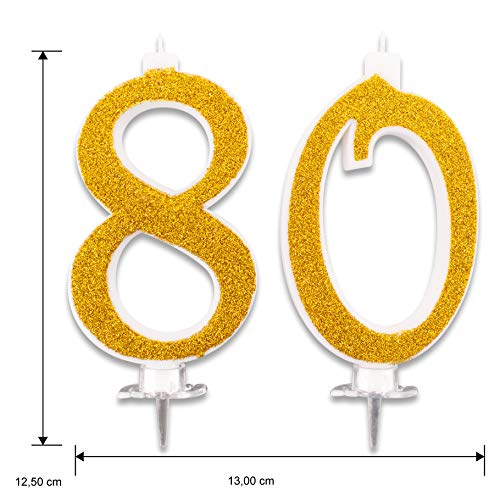 Velas Maxi de 80 años para Tarta de Fiesta de cumpleaños 80. Decoraciones con Velas de felicitación. Ideas para Fiestas temáticas. Altura 13 cm, Color Dorado Brillante