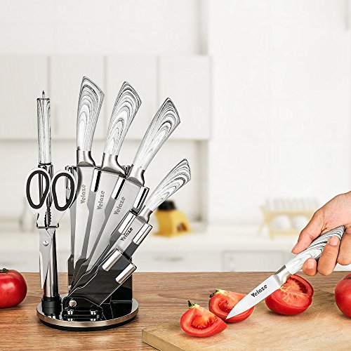 Velaze Juego de Cuchillos, Cuchillos de Cocina Profesional de Acero Inoxidable con Bloque Acrílico Giratorio, Gris Claro(8 Piezas)