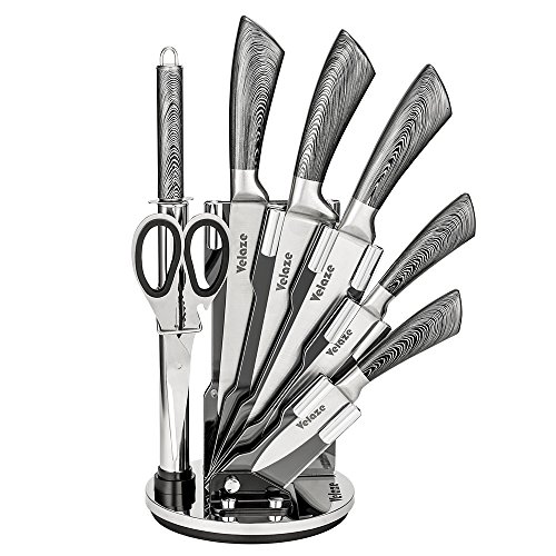 Velaze Juego de Cuchillos, Cuchillos de Cocina Profesional de Acero Inoxidable con Bloque Acrílico Giratorio, Gris(8 Piezas)