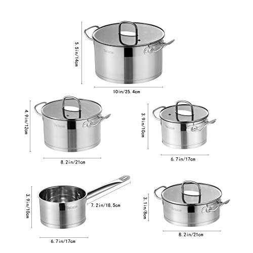 Velaze Juego de Ollas, Batería de Utensilios de Cocina de Acero Inoxidable, Conjunto de Cacerolas Antiadherentes con Tapa de Vidrio(9 Piezas)