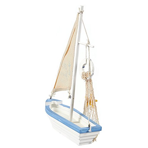 Velero modelo barco barco de vela de madera decoración – decoración para el hogar, playa tema náutico, color azul y blanco