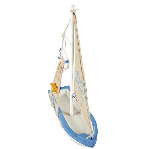 Velero modelo barco barco de vela de madera decoración – decoración para el hogar, playa tema náutico, color azul y blanco