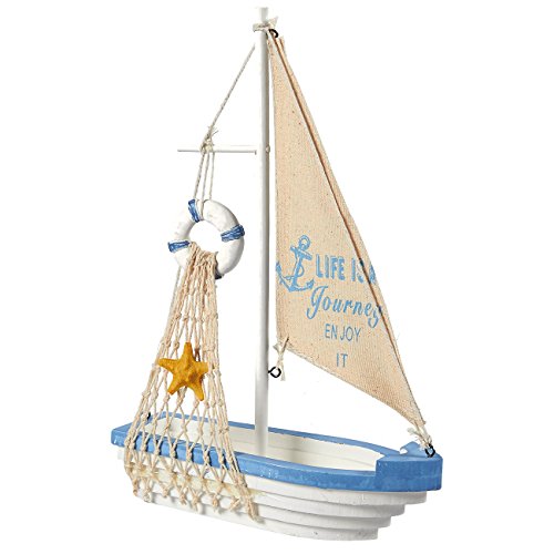 Velero modelo barco barco de vela de madera decoración – decoración para el hogar, playa tema náutico, color azul y blanco