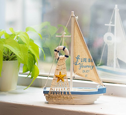 Velero modelo barco barco de vela de madera decoración – decoración para el hogar, playa tema náutico, color azul y blanco