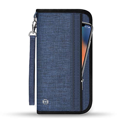 Vemingo Cartera de Viaje Cartera Pasaporte Parta Pasaporte Familiar con RFID Organizador de Documentos 5 Pasaportes, Tarjeta de Crédito, Carnet de Identidad, Billetes de Avión para Hombre Mujer (Azul)