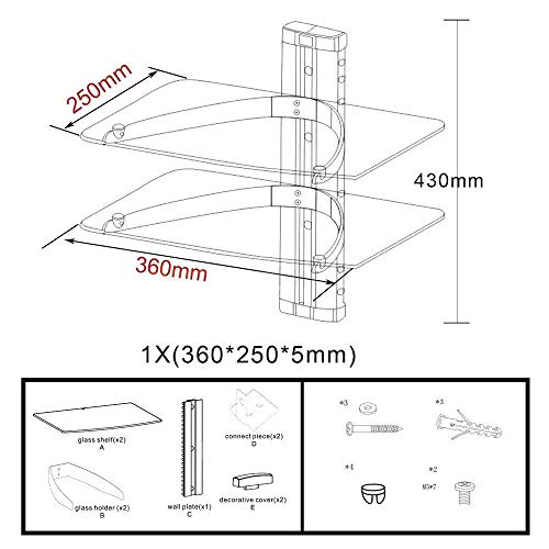 Vemount Soporte de Pared 2 x Estantes para Reproductores, receptores, BLU-Ray, Consolas, DVD,TV Accesorios en Cristal Templado Negro