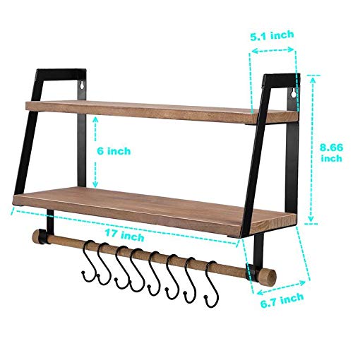 Vencipo Estantería de Pared de Madera para Organizador Especiero Cocina con 8 Ganchos Almacenaje, Estanteria Baño con Toalleros Accesorio, Estante Flotante para Decoracion Habitacion.