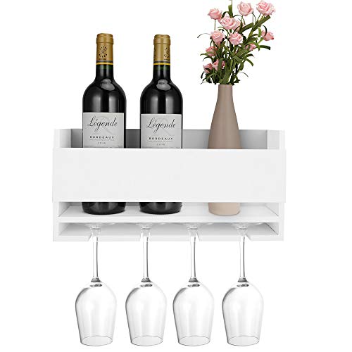 Vencipo Estantería de Vino de Pared de Madera para Organizador 4 Copas Vino Almacenaje, Estante Flotante Decoracion Para Cocina de Armarios Vino, Blanco Botelleros Vino Accesorio para Sala de Estar.