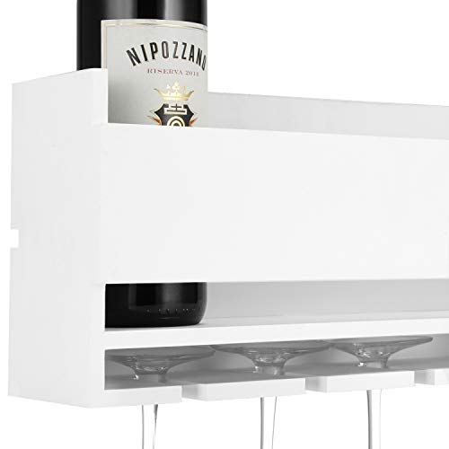 Vencipo Estantería de Vino de Pared de Madera para Organizador 4 Copas Vino Almacenaje, Estante Flotante Decoracion Para Cocina de Armarios Vino, Blanco Botelleros Vino Accesorio para Sala de Estar.