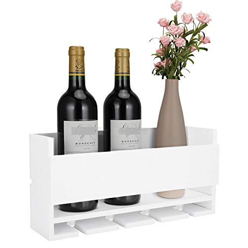 Vencipo Estantería de Vino de Pared de Madera para Organizador 4 Copas Vino Almacenaje, Estante Flotante Decoracion Para Cocina de Armarios Vino, Blanco Botelleros Vino Accesorio para Sala de Estar.