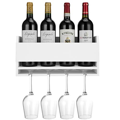 Vencipo Estantería de Vino de Pared de Madera para Organizador 4 Copas Vino Almacenaje, Estante Flotante Decoracion Para Cocina de Armarios Vino, Blanco Botelleros Vino Accesorio para Sala de Estar.