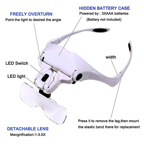 Ventdest Lupa con luz 2 LED, Lupas de Aumento para Leer, Reparaciones, Coser, Joyería y Relojería, Modelismo, Cinco Lentes Intercambiable 1X,1.5X, 2X, 2.5X, 3X, 3.5X