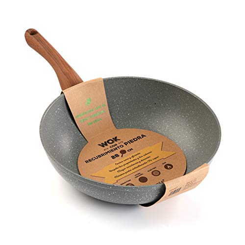 VERSA 21170009 Wok Sartén Antiadherente de Aluminio Alta de 28 cm Color Gris Acabado Piedra Inducción o Vitrocerámica Mango Efecto Madera, Multicolor (Multicolor), 8 x 28 x 28 cm