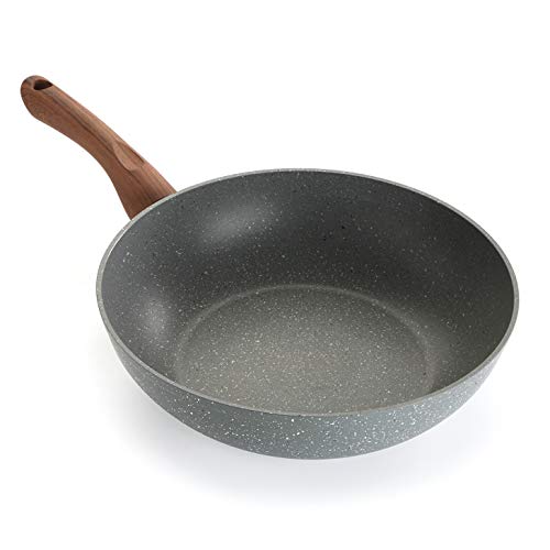 VERSA 21170009 Wok Sartén Antiadherente de Aluminio Alta de 28 cm Color Gris Acabado Piedra Inducción o Vitrocerámica Mango Efecto Madera, Multicolor (Multicolor), 8 x 28 x 28 cm